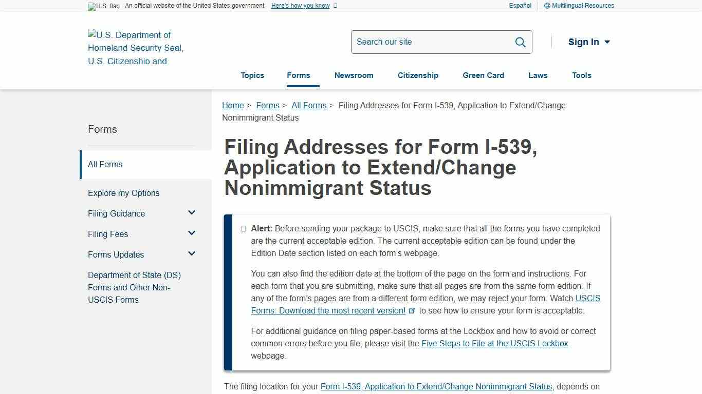 Filing Addresses for Form I-539, Application to Extend/Change Nonimmigrant Status USCIS